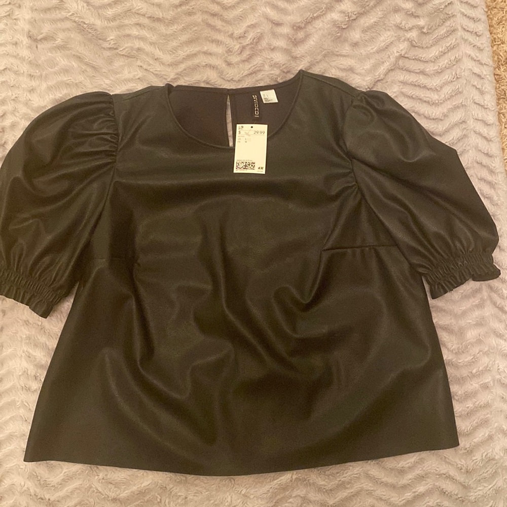 Faux leather puffy sleeve top